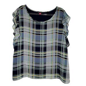 Vince Camuto Blouse Plaid Short Ruffle Sleeve Chiffon Flowy Size 2XL NWT